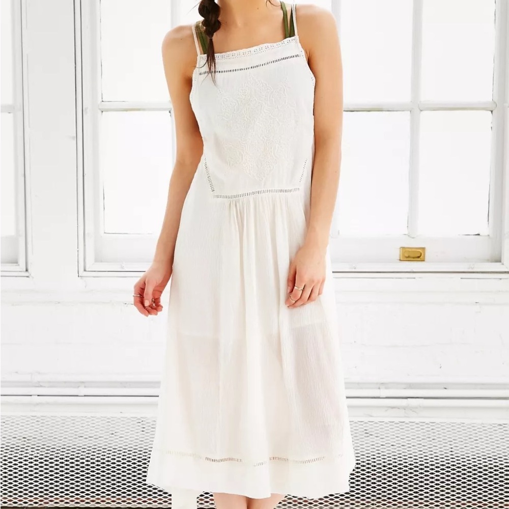 Billabong Sea Goddess White Gauzy Bib Front Midi Dress with Embroidery